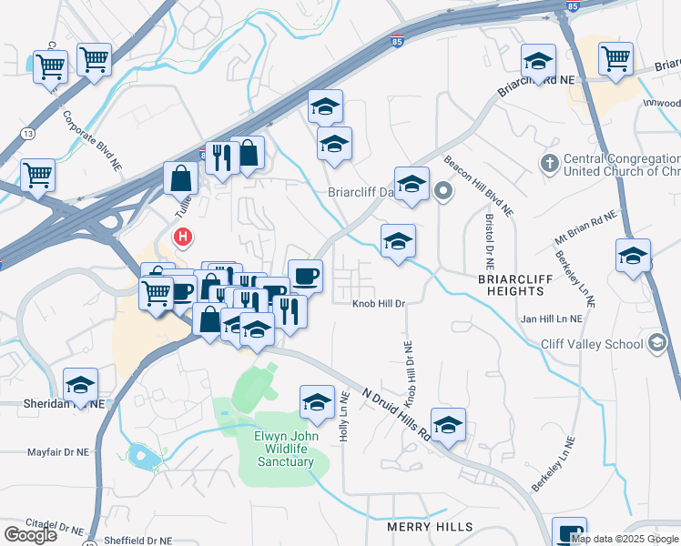 map of restaurants, bars, coffee shops, grocery stores, and more near 2602 Greythorne Trail Northeast in Atlanta
