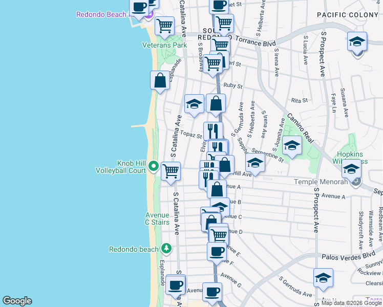 map of restaurants, bars, coffee shops, grocery stores, and more near in Redondo Beach