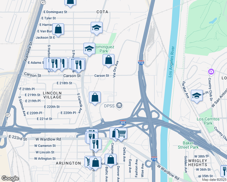 map of restaurants, bars, coffee shops, grocery stores, and more near 3901 Via Oro Avenue in Long Beach