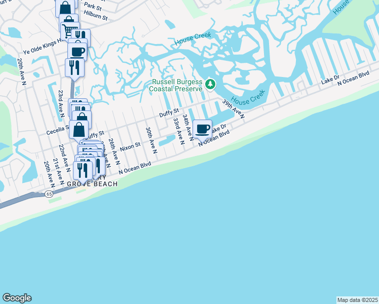 map of restaurants, bars, coffee shops, grocery stores, and more near 3302 North Ocean Boulevard in North Myrtle Beach