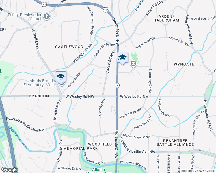 map of restaurants, bars, coffee shops, grocery stores, and more near 2760 Arden Road Northwest in Atlanta