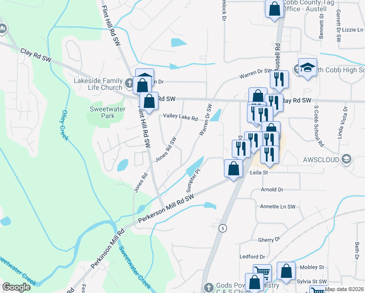 map of restaurants, bars, coffee shops, grocery stores, and more near 5100 Jones Avenue in Austell