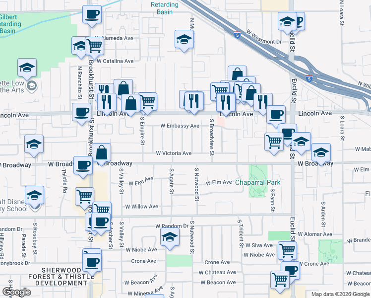 map of restaurants, bars, coffee shops, grocery stores, and more near 1930 West Victoria Avenue in Anaheim
