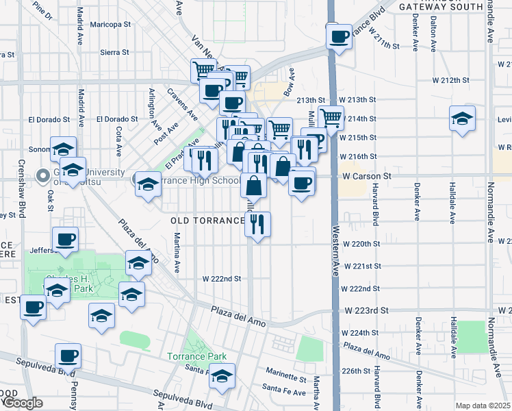 map of restaurants, bars, coffee shops, grocery stores, and more near 1750 Cabrillo Avenue in Torrance