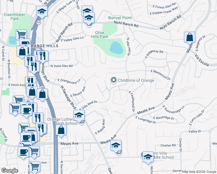 map of restaurants, bars, coffee shops, grocery stores, and more near 2829 East Featherhill Drive in Orange