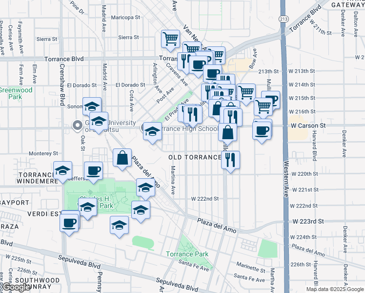 map of restaurants, bars, coffee shops, grocery stores, and more near 1802 Martina Avenue in Torrance