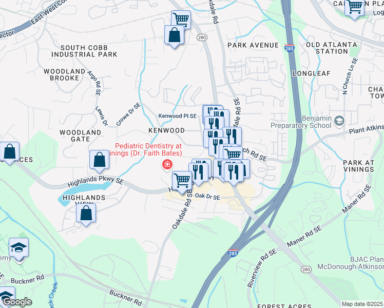map of restaurants, bars, coffee shops, grocery stores, and more near 5070 Fairmont Road Southeast in Smyrna