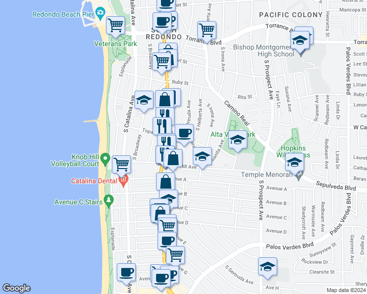 map of restaurants, bars, coffee shops, grocery stores, and more near 616 South Gertruda Avenue in Redondo Beach