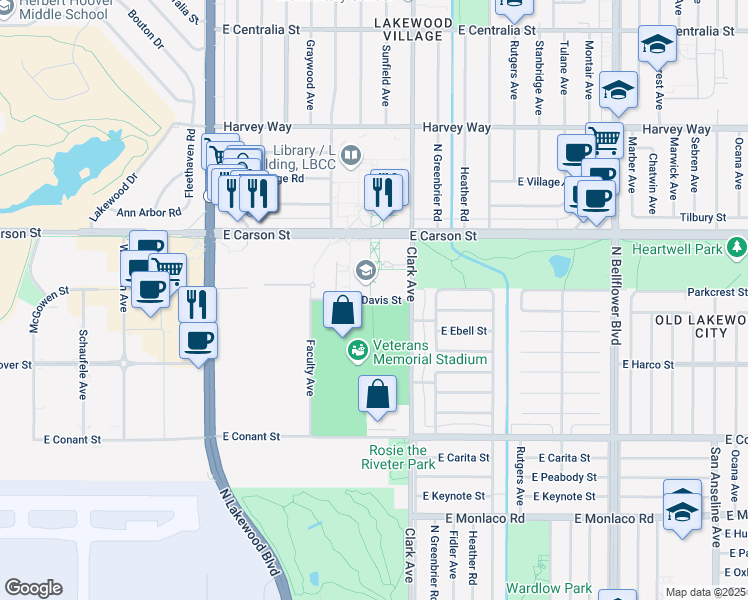 map of restaurants, bars, coffee shops, grocery stores, and more near 4952 East Lew Davis Street in Long Beach