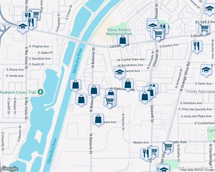 map of restaurants, bars, coffee shops, grocery stores, and more near 705 West Fletcher Avenue in Orange