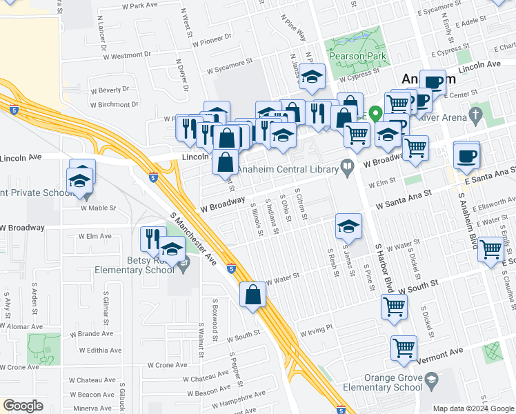 map of restaurants, bars, coffee shops, grocery stores, and more near 314 South Illinois Street in Anaheim