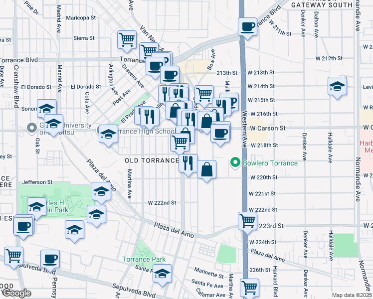 map of restaurants, bars, coffee shops, grocery stores, and more near 1750 Cabrillo Avenue in Torrance