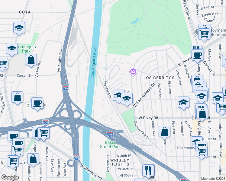 map of restaurants, bars, coffee shops, grocery stores, and more near 4000 Marion Way in Long Beach
