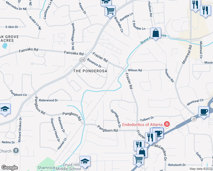 map of restaurants, bars, coffee shops, grocery stores, and more near 2927 Ponderosa Circle in Decatur