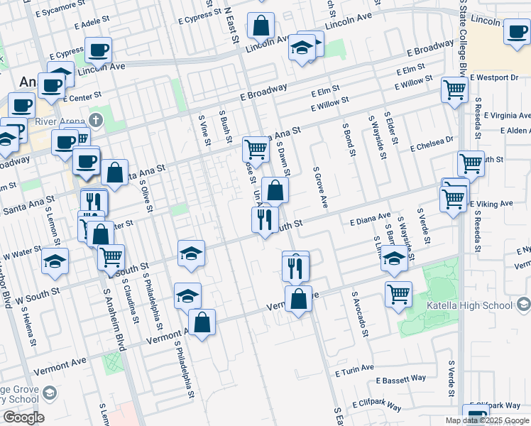 map of restaurants, bars, coffee shops, grocery stores, and more near in Anaheim
