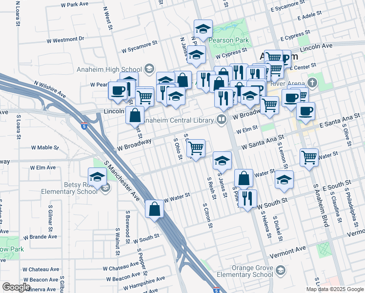map of restaurants, bars, coffee shops, grocery stores, and more near 326 South Ohio Street in Anaheim
