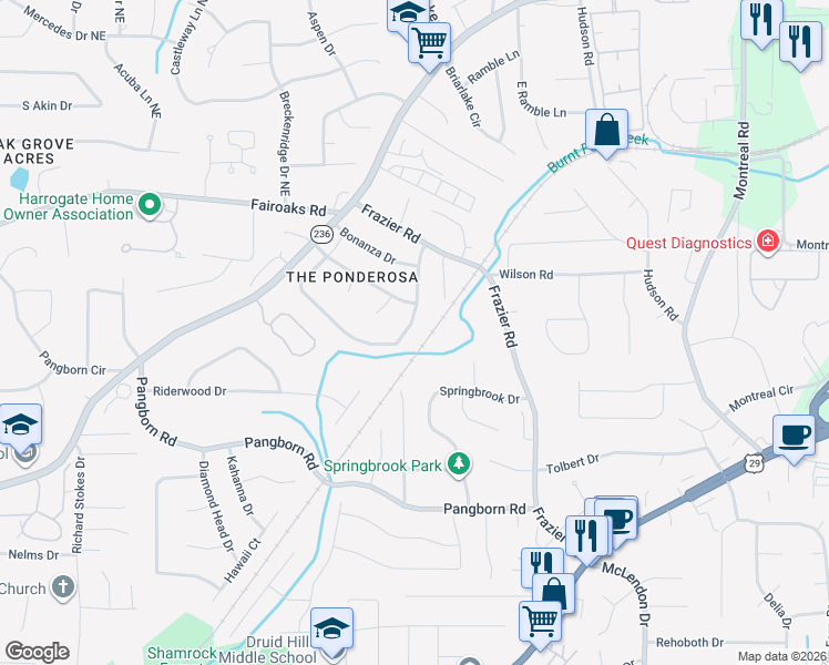 map of restaurants, bars, coffee shops, grocery stores, and more near 2911 Ponderosa Circle in Decatur