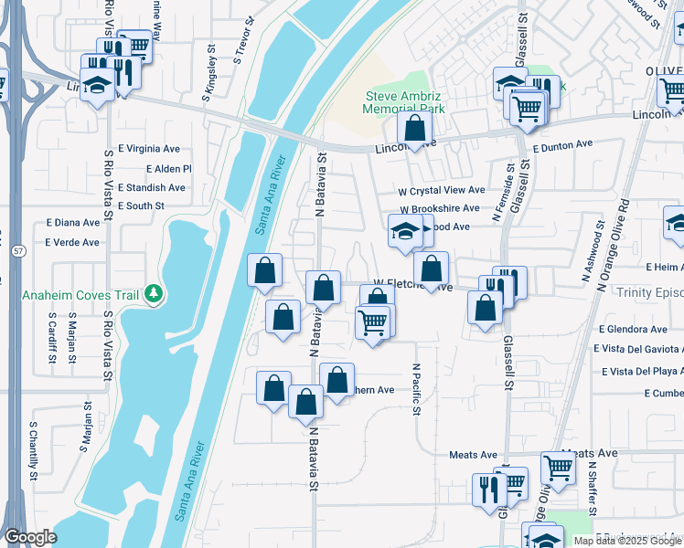 map of restaurants, bars, coffee shops, grocery stores, and more near 741 West Fletcher Avenue in Orange