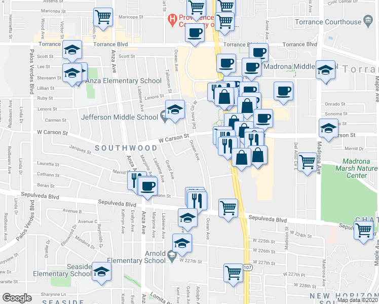map of restaurants, bars, coffee shops, grocery stores, and more near 4006 Merrill Street in Torrance
