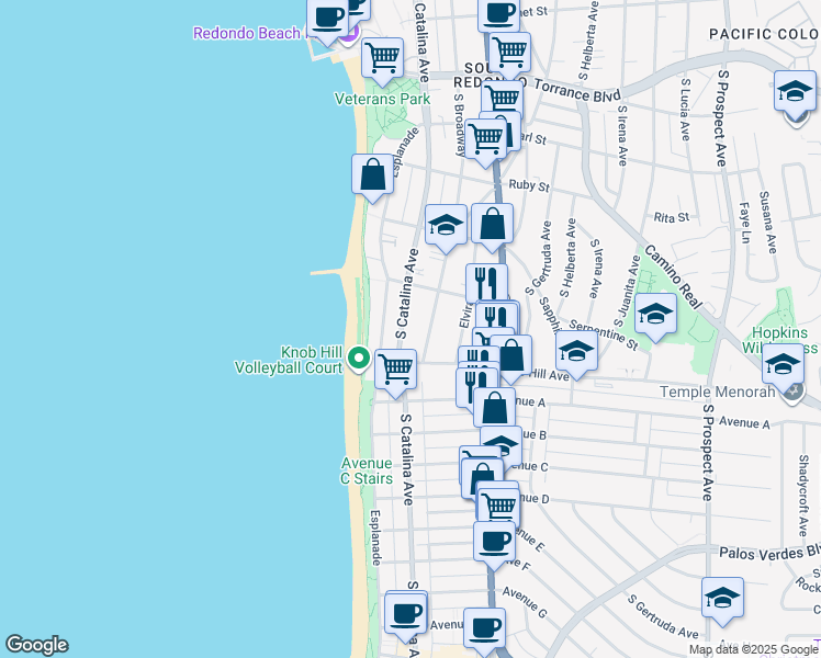 map of restaurants, bars, coffee shops, grocery stores, and more near 727 South Catalina Avenue in Redondo Beach