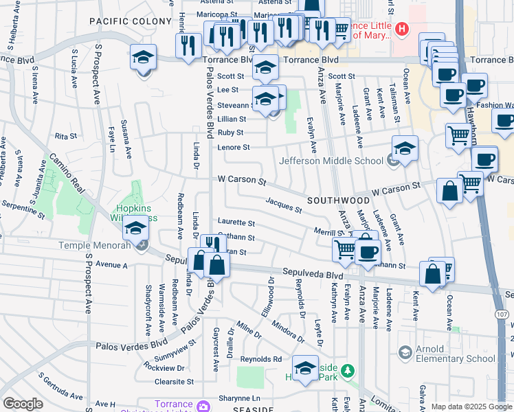 map of restaurants, bars, coffee shops, grocery stores, and more near 5020 Merrill Street in Torrance