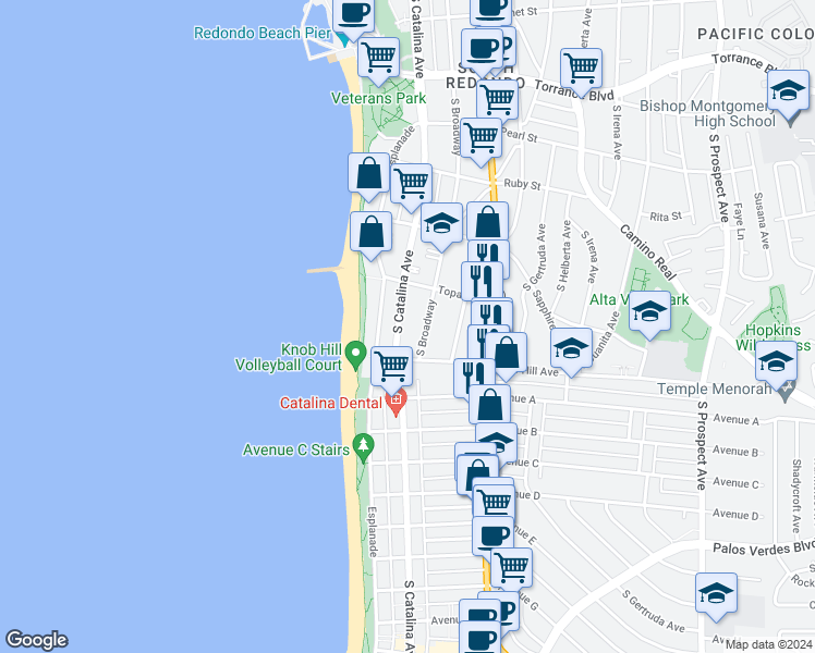 map of restaurants, bars, coffee shops, grocery stores, and more near 720 South Catalina Avenue in Redondo Beach