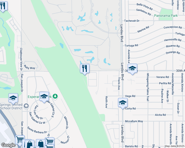 map of restaurants, bars, coffee shops, grocery stores, and more near 67707 30th Avenue in Cathedral City