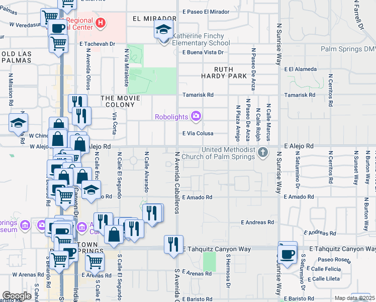 map of restaurants, bars, coffee shops, grocery stores, and more near 459 Dion Drive in Palm Springs