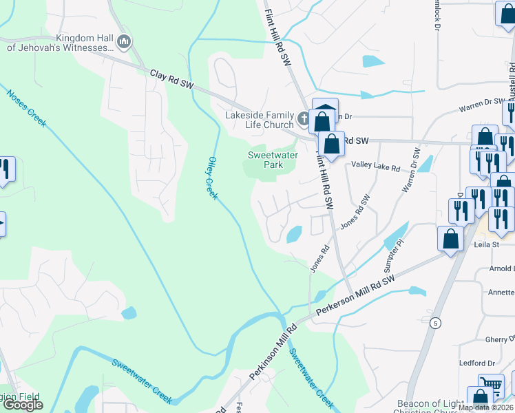 map of restaurants, bars, coffee shops, grocery stores, and more near 7030 Parkside Court in Austell