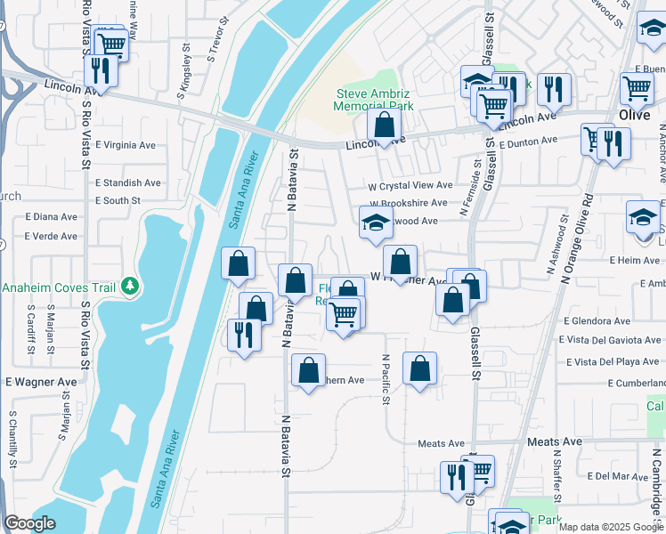 map of restaurants, bars, coffee shops, grocery stores, and more near 705 West Fletcher Avenue in Orange