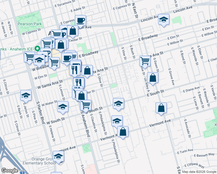 map of restaurants, bars, coffee shops, grocery stores, and more near 616 South Olive Street in Anaheim