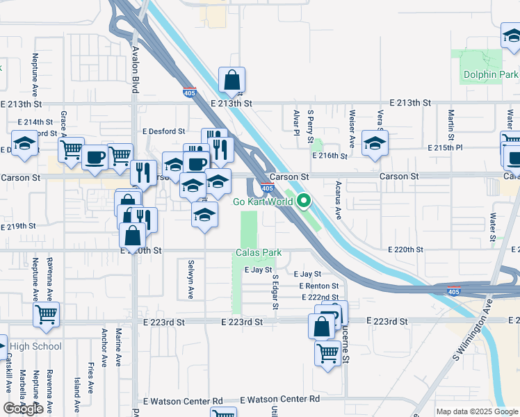 map of restaurants, bars, coffee shops, grocery stores, and more near 21801 Foley Avenue in Carson