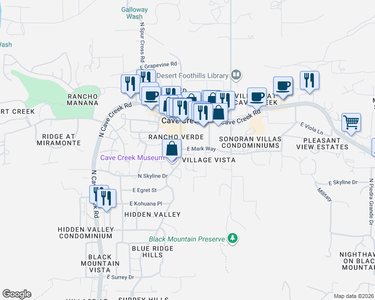 map of restaurants, bars, coffee shops, grocery stores, and more near in Cave Creek