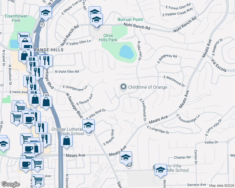 map of restaurants, bars, coffee shops, grocery stores, and more near 2545 North La Capella Court in Orange