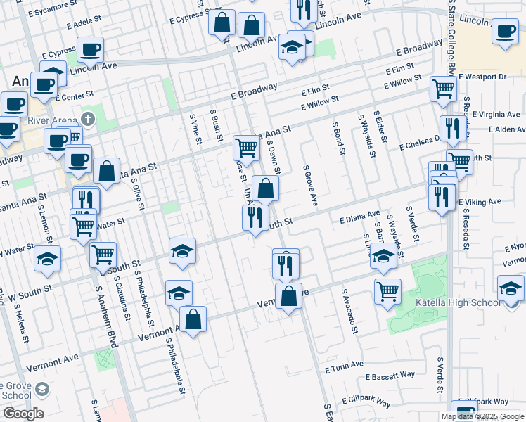 map of restaurants, bars, coffee shops, grocery stores, and more near 927 South East Street in Anaheim