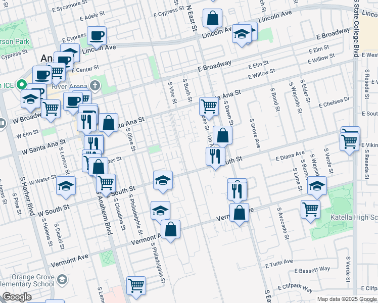 map of restaurants, bars, coffee shops, grocery stores, and more near 755 South Mosaic Street in Anaheim