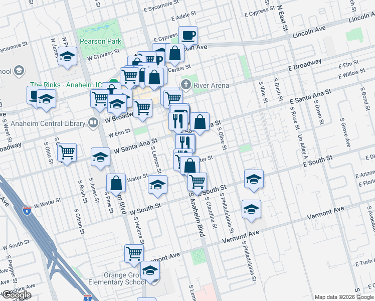 map of restaurants, bars, coffee shops, grocery stores, and more near 545-547 South Anaheim Boulevard in Anaheim
