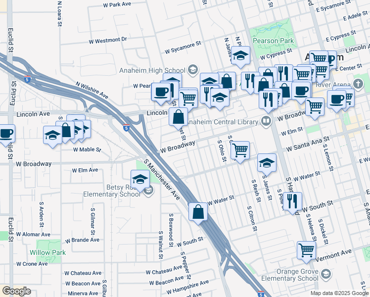 map of restaurants, bars, coffee shops, grocery stores, and more near 1121 West Fay Lane in Anaheim