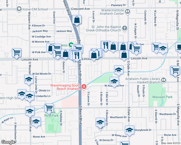 map of restaurants, bars, coffee shops, grocery stores, and more near 210 South Laxore Street in Anaheim