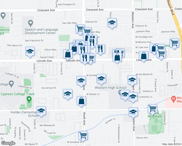 map of restaurants, bars, coffee shops, grocery stores, and more near 3434 West Del Monte Drive in Anaheim