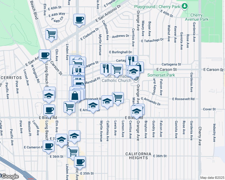 map of restaurants, bars, coffee shops, grocery stores, and more near in Long Beach