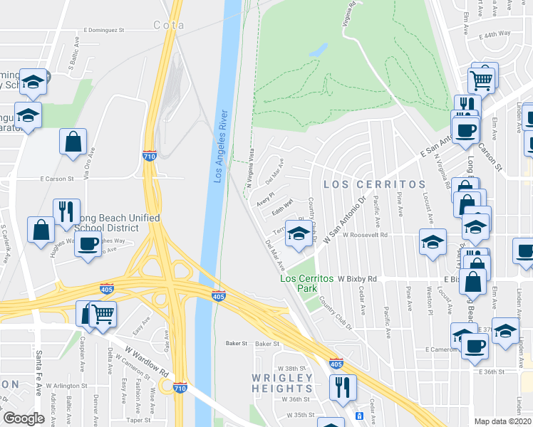 map of restaurants, bars, coffee shops, grocery stores, and more near 4000 Marion Way in Long Beach