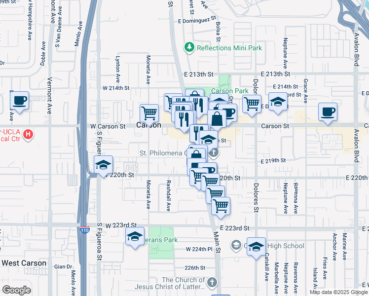 map of restaurants, bars, coffee shops, grocery stores, and more near 21811 South Main Street in Carson
