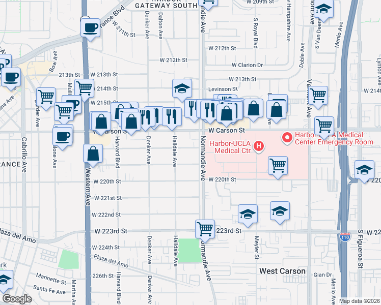 map of restaurants, bars, coffee shops, grocery stores, and more near 1323 West 219th Street in Torrance