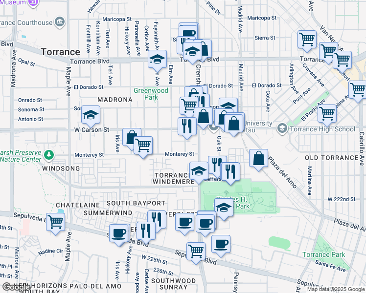 map of restaurants, bars, coffee shops, grocery stores, and more near in Torrance