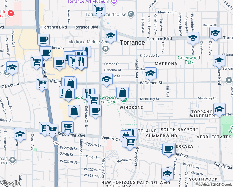 map of restaurants, bars, coffee shops, grocery stores, and more near 23 Monterey Street in Torrance