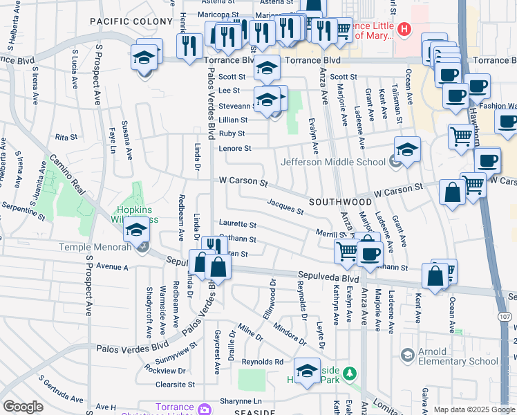 map of restaurants, bars, coffee shops, grocery stores, and more near 5020 Merrill Street in Torrance