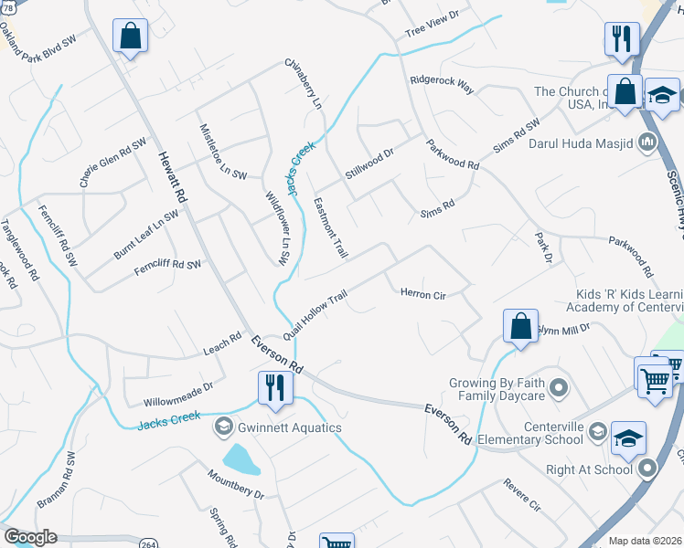 map of restaurants, bars, coffee shops, grocery stores, and more near 3661 Quail Hollow Trail in Snellville