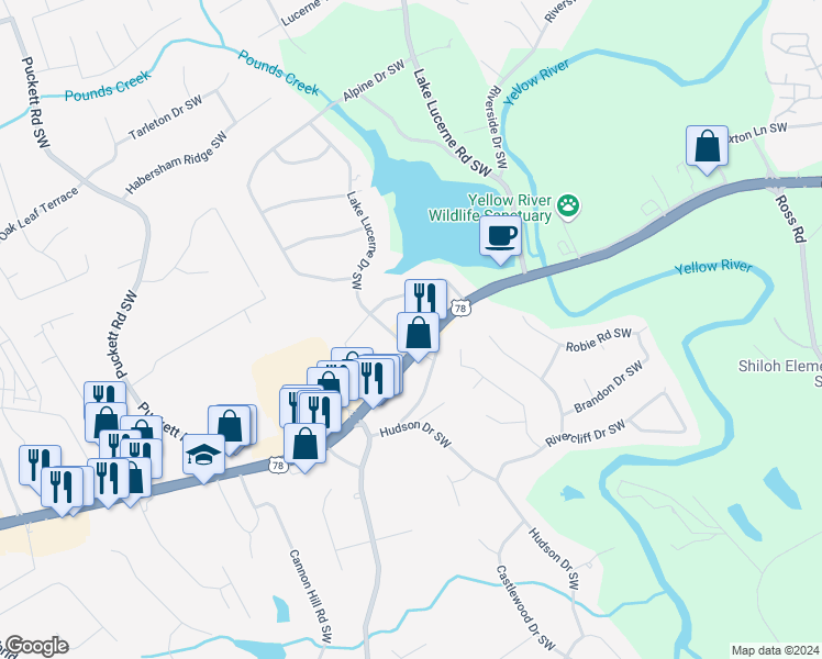 map of restaurants, bars, coffee shops, grocery stores, and more near 4763 Stone Mountain Highway in Lilburn