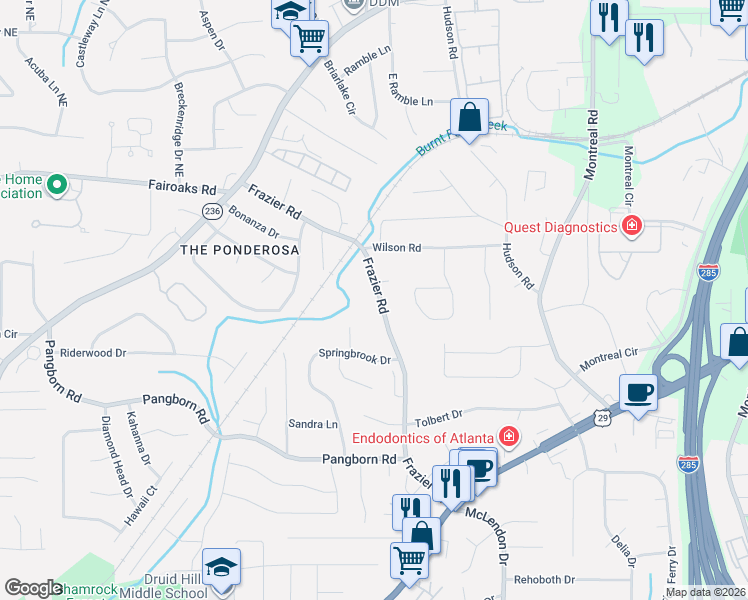 map of restaurants, bars, coffee shops, grocery stores, and more near 1631 Frazier Road in Decatur